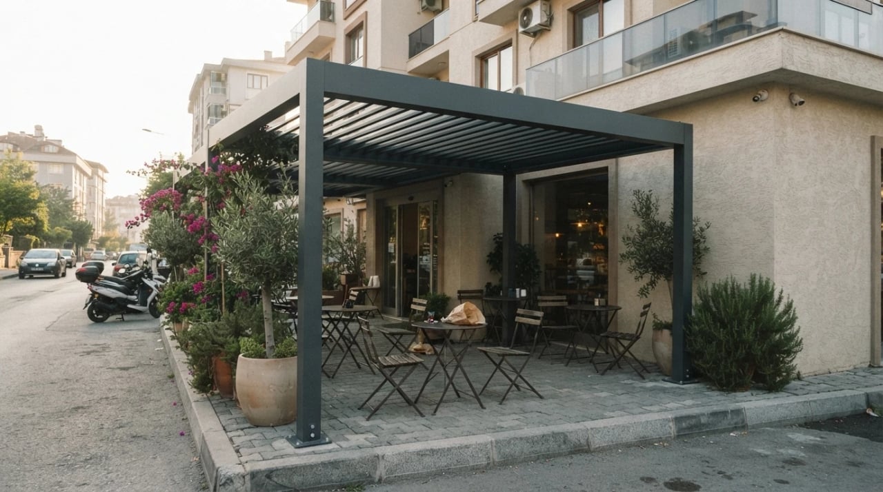 İzmir bioklimatik pergola montajından bir görünüm
