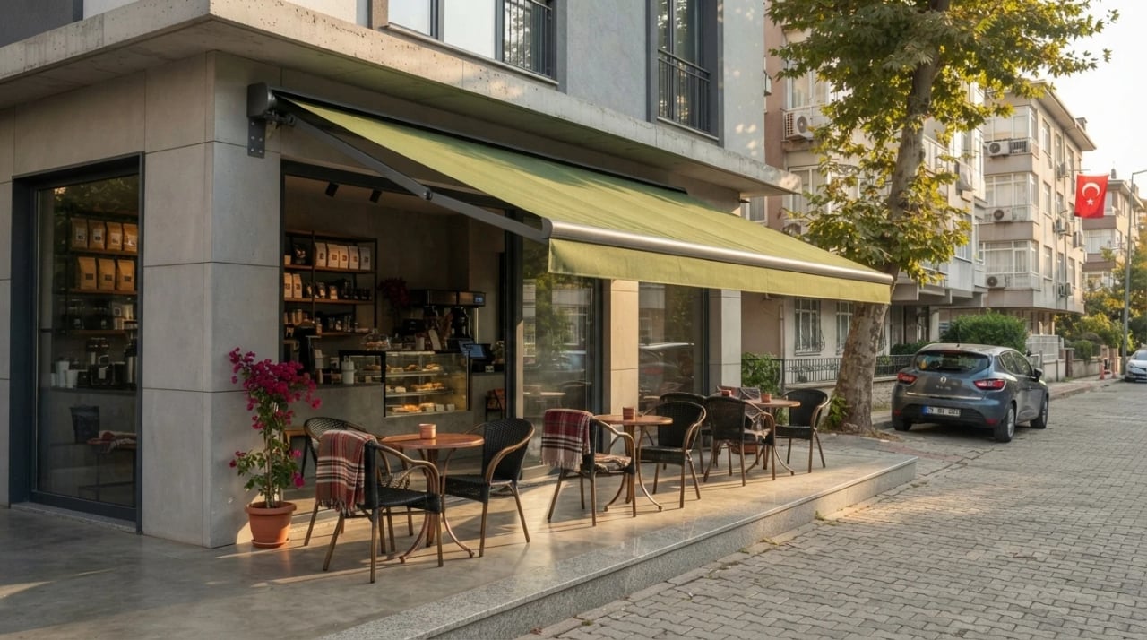 İzmir mafsallı tente montajından bir görünüm