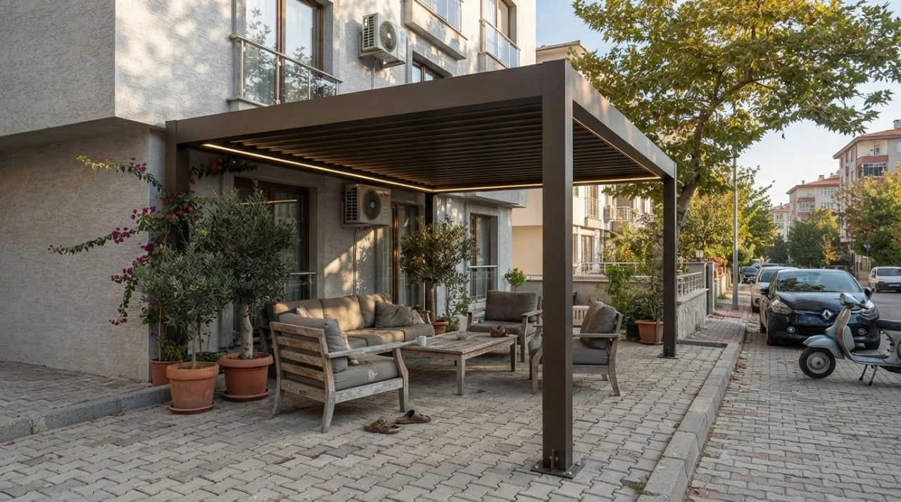 Narlıdere'de bir villa terasına kurulmuş döner lamelli bioklimatik pergola