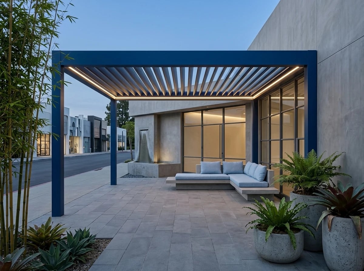 Urla'da havuz üstünü örten kayar membran çatılı rollingroof pergola