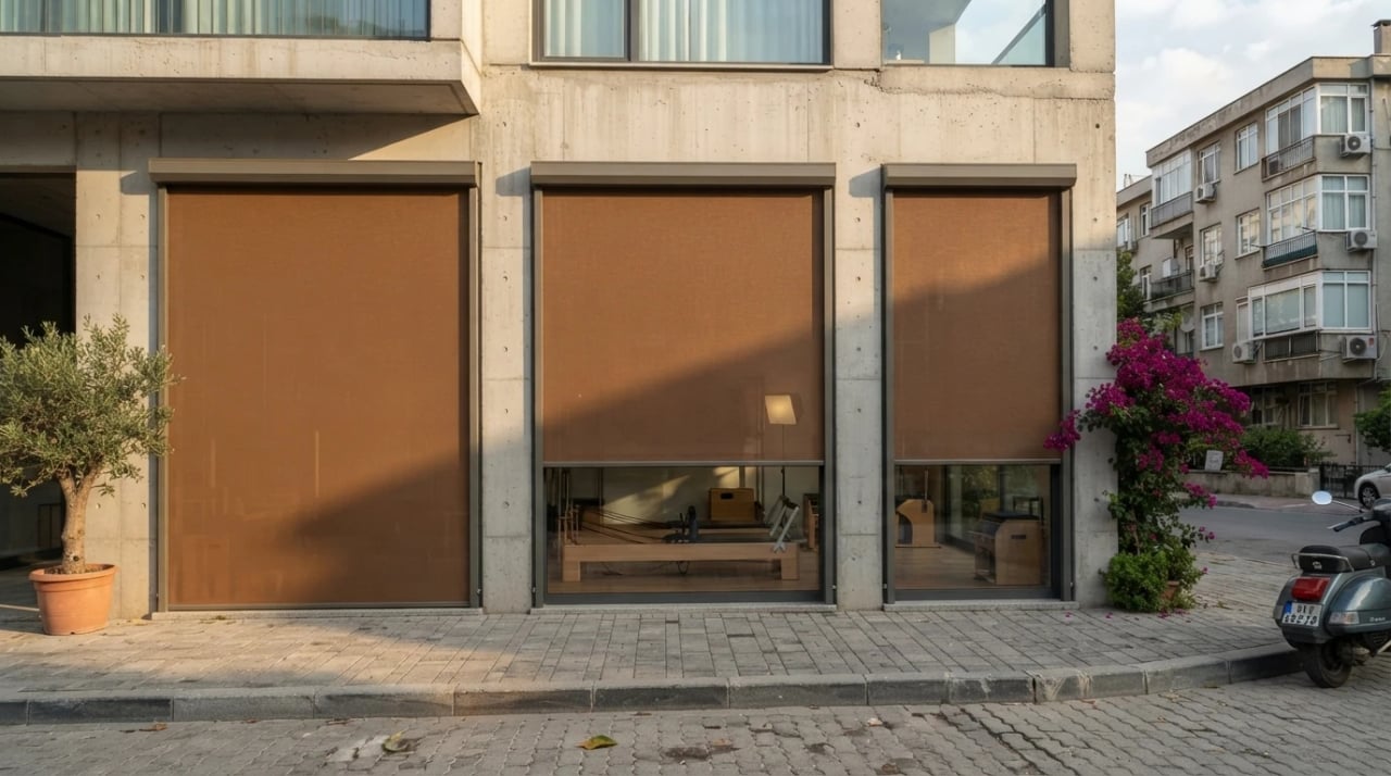Alsancak'ta bir kafe cephesine uygulanmış raylı zip perde sistemi