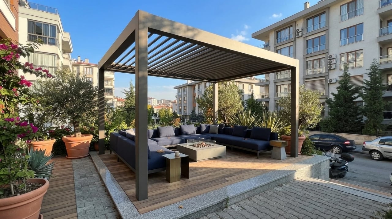 Rollingroof Pergola sistemi — İzmir uygulama örneği