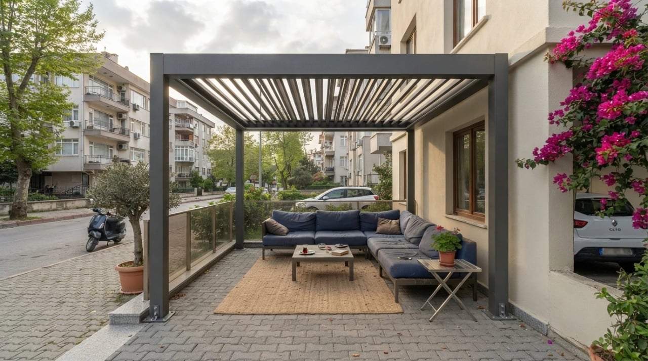 İzmir'de bir villa terasına kurulmuş bioklimatik pergola sistemi